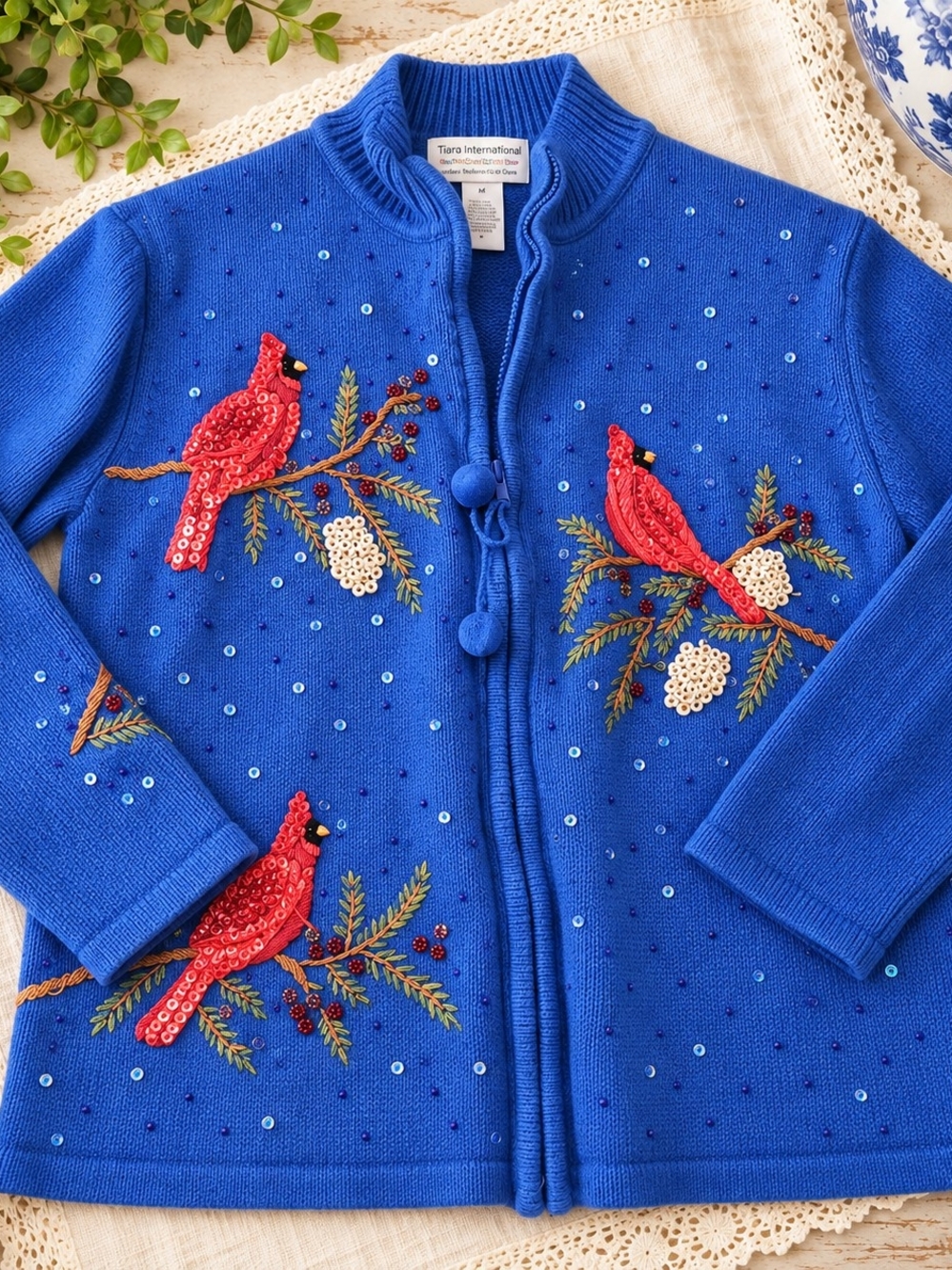 Vintage Tiara International Christmas Blue Cardinal Embroidered Cardigan Sz S